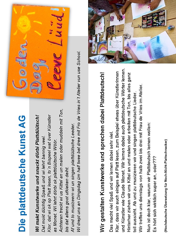 Die AG wird beschrieben. Die Kinder lernen durch kreative Elemente Plattdeutsch. 