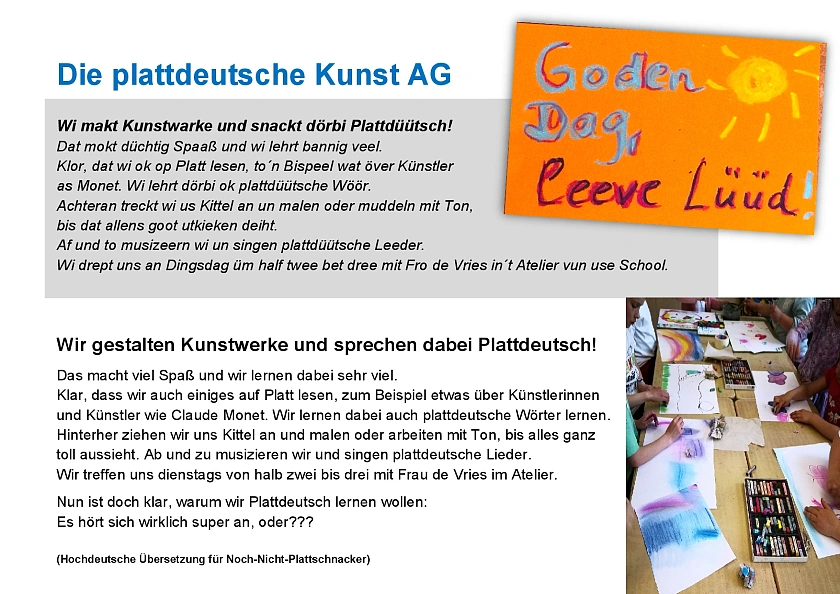 Die AG wird beschrieben. Die Kinder lernen durch kreative Elemente Plattdeutsch. 