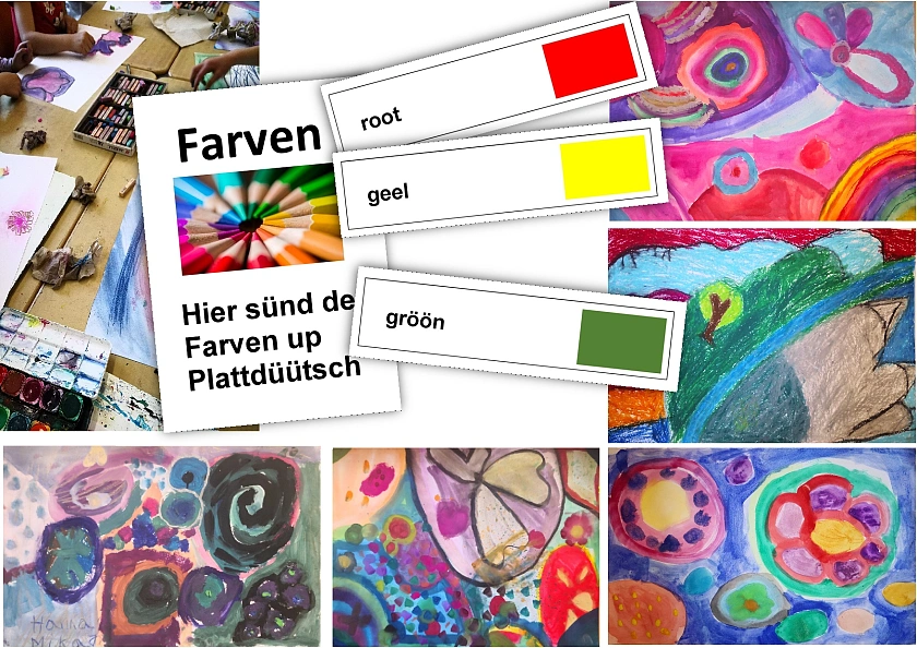 Die Kinder lernen die plattdeutschen Wörter für Farben. 