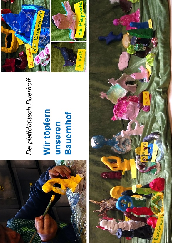 Die Kinder töpfern einen Bauernhof und lernen dabei plattdeutsche Wörter.
