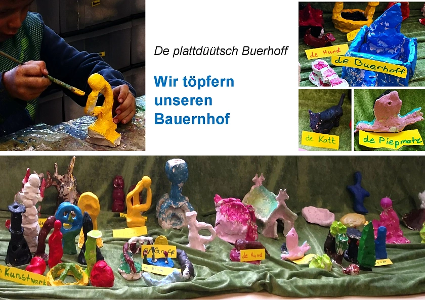 Die Kinder töpfern einen Bauernhof und lernen dabei plattdeutsche Wörter.